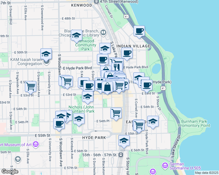 map of restaurants, bars, coffee shops, grocery stores, and more near 5220 South Harper Avenue in Chicago