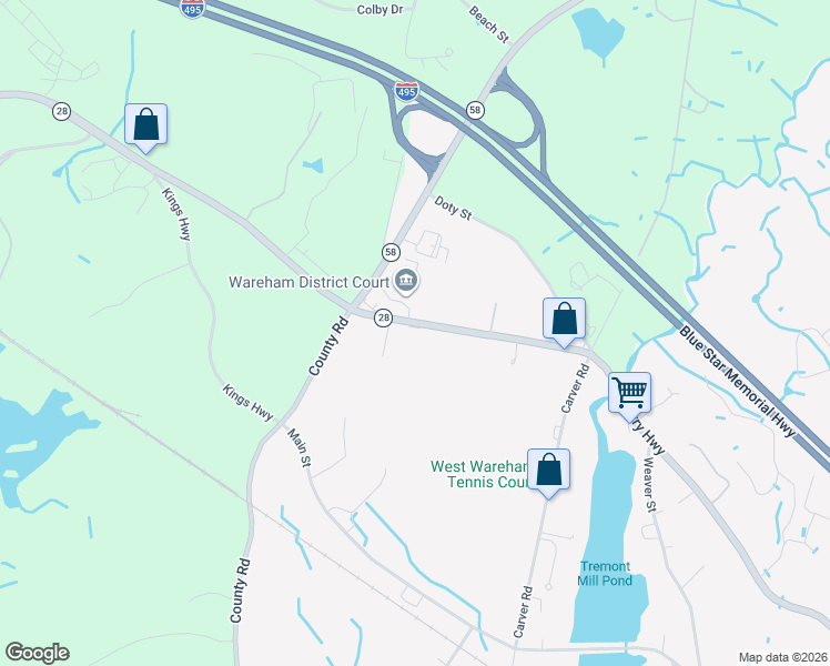map of restaurants, bars, coffee shops, grocery stores, and more near 2203 Massachusetts 28 in Wareham