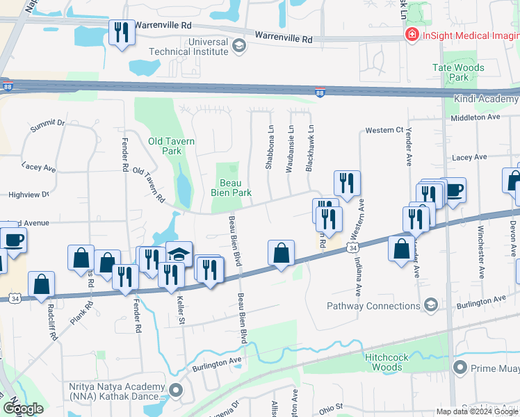 map of restaurants, bars, coffee shops, grocery stores, and more near 4600 Wedgewood Court in Lisle