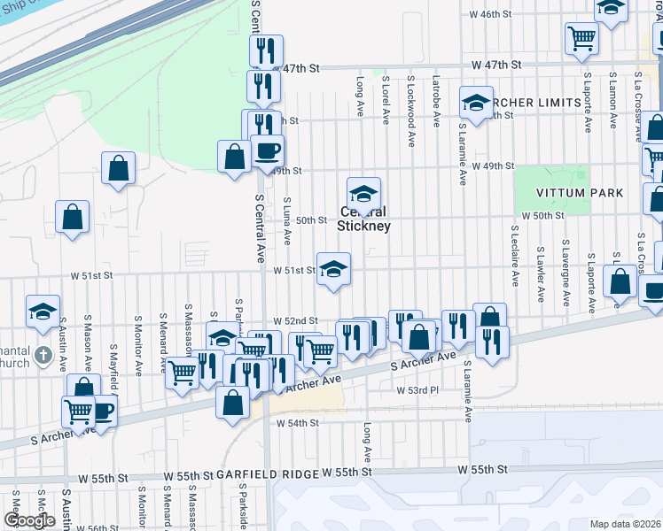 map of restaurants, bars, coffee shops, grocery stores, and more near 5052 South Lotus Avenue in Chicago