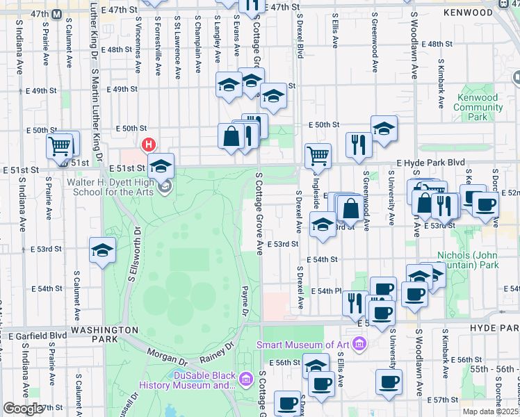 map of restaurants, bars, coffee shops, grocery stores, and more near 5201 South Cottage Grove Avenue in Chicago