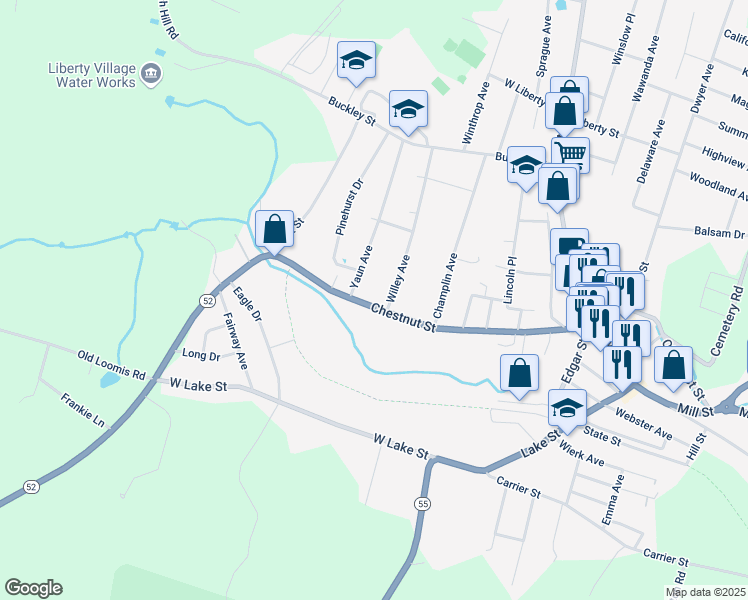 map of restaurants, bars, coffee shops, grocery stores, and more near 209 Chestnut Street in Liberty