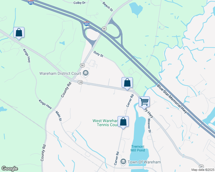 map of restaurants, bars, coffee shops, grocery stores, and more near 2220 Cranberry Highway in Wareham