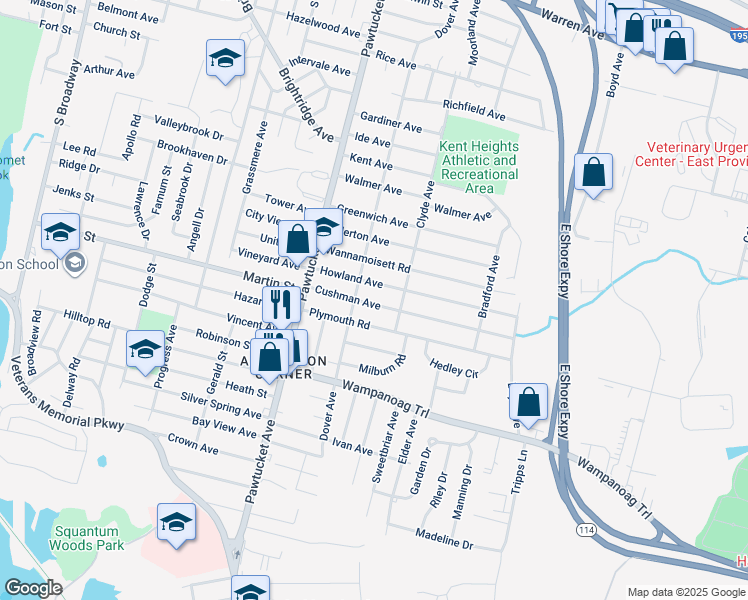 map of restaurants, bars, coffee shops, grocery stores, and more near 60 Cushman Avenue in East Providence
