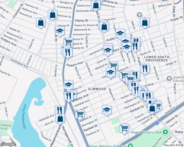 map of restaurants, bars, coffee shops, grocery stores, and more near 77 Congress Avenue in Providence