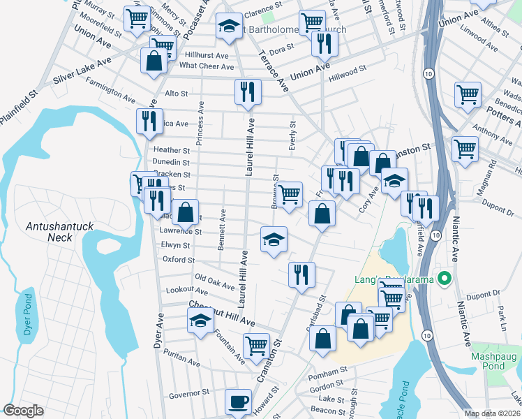 map of restaurants, bars, coffee shops, grocery stores, and more near 11 Argyle Street in Cranston