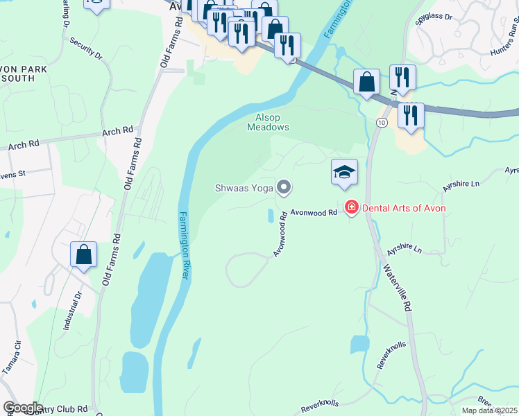map of restaurants, bars, coffee shops, grocery stores, and more near 75 Avonwood Road in Avon