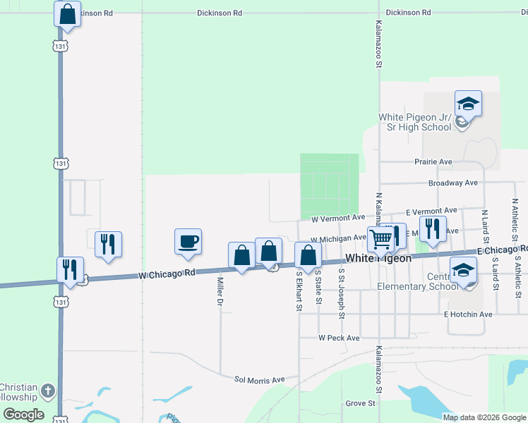 map of restaurants, bars, coffee shops, grocery stores, and more near 105 Mackenzie Street in White Pigeon