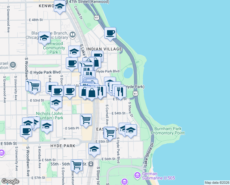 map of restaurants, bars, coffee shops, grocery stores, and more near 5231 South Hyde Park Boulevard in Chicago