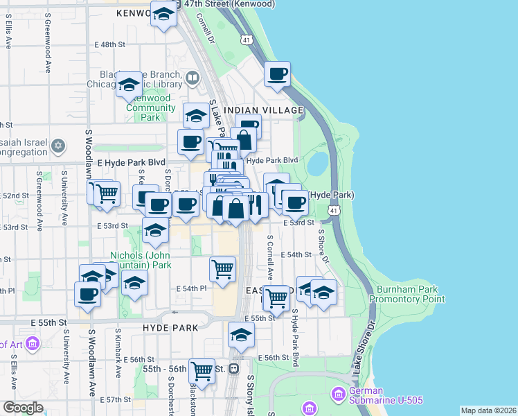 map of restaurants, bars, coffee shops, grocery stores, and more near 5212 South Cornell Avenue in Chicago