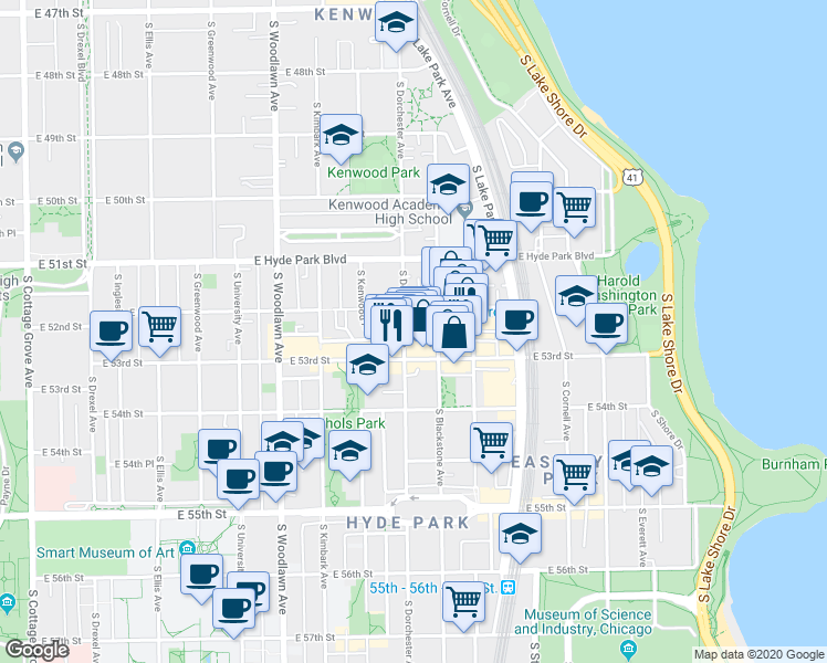 map of restaurants, bars, coffee shops, grocery stores, and more near in Chicago