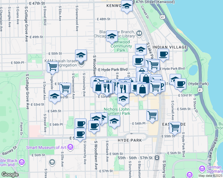 map of restaurants, bars, coffee shops, grocery stores, and more near 5210 South Kenwood Avenue in Chicago