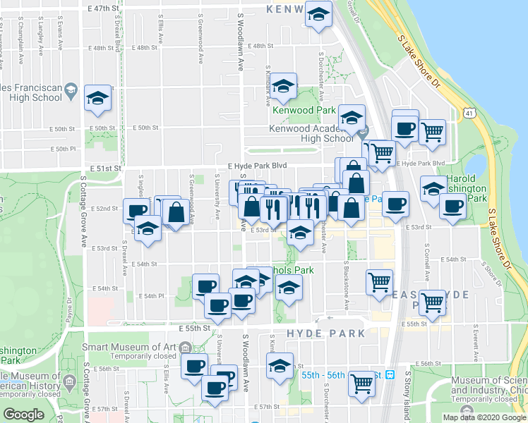 map of restaurants, bars, coffee shops, grocery stores, and more near 5214 South Kimbark Avenue in Chicago
