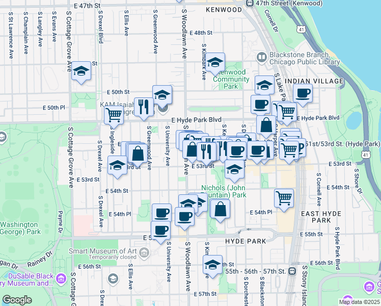 map of restaurants, bars, coffee shops, grocery stores, and more near 1204 East 53rd Street in Chicago
