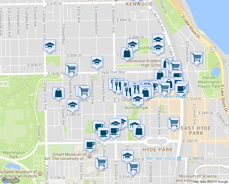 map of restaurants, bars, coffee shops, grocery stores, and more near 1204 East 53rd Street in Chicago