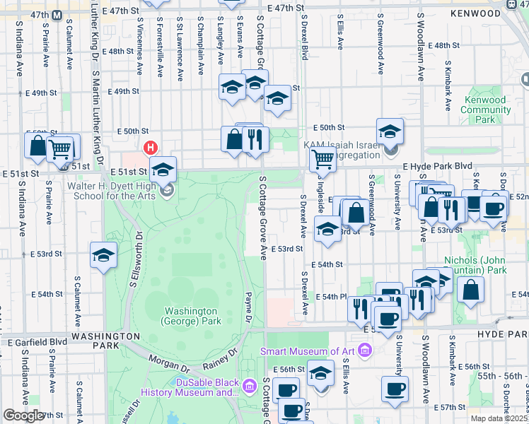 map of restaurants, bars, coffee shops, grocery stores, and more near 5155 South Cottage Grove Avenue in Chicago