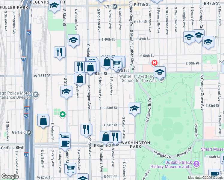 map of restaurants, bars, coffee shops, grocery stores, and more near 5152 South Prairie Avenue in Chicago