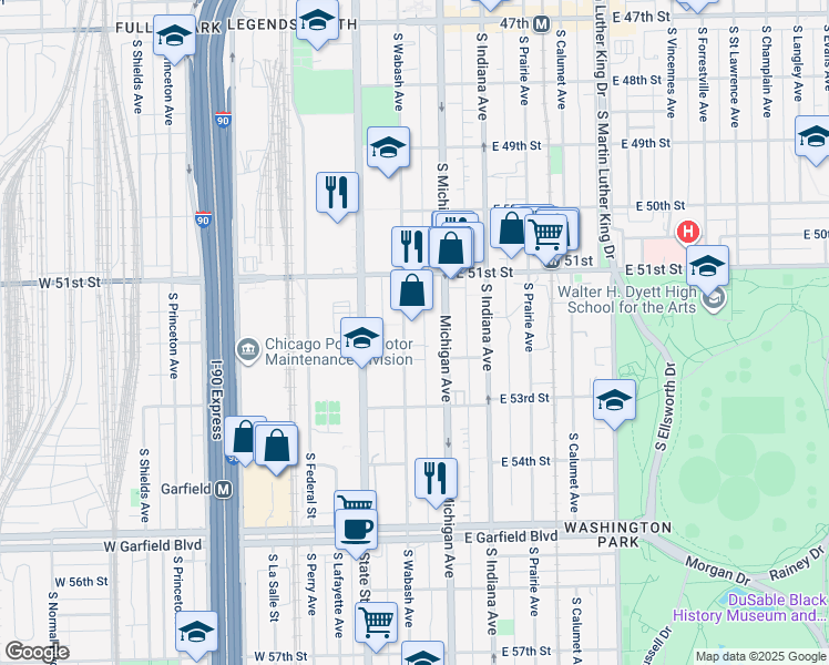 map of restaurants, bars, coffee shops, grocery stores, and more near 5147 South Wabash Avenue in Chicago