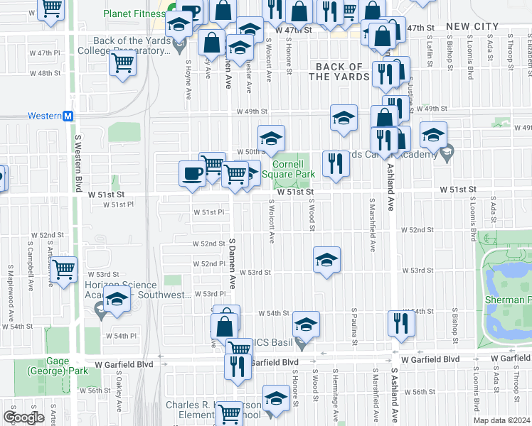 map of restaurants, bars, coffee shops, grocery stores, and more near 5127 South Wolcott Avenue in Chicago