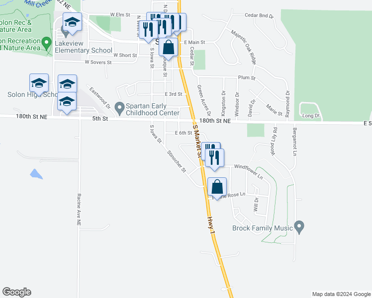 map of restaurants, bars, coffee shops, grocery stores, and more near 323 East 6th Street in Solon