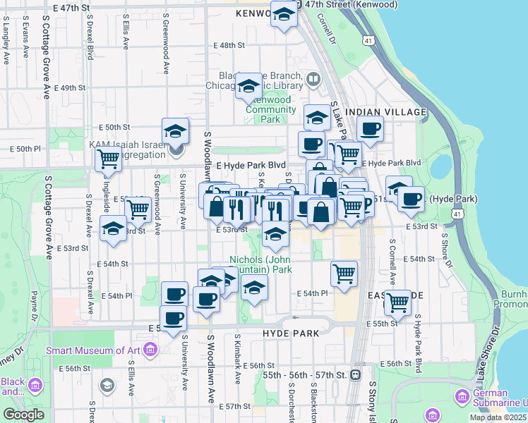 map of restaurants, bars, coffee shops, grocery stores, and more near 5220 South Kenwood Avenue in Chicago