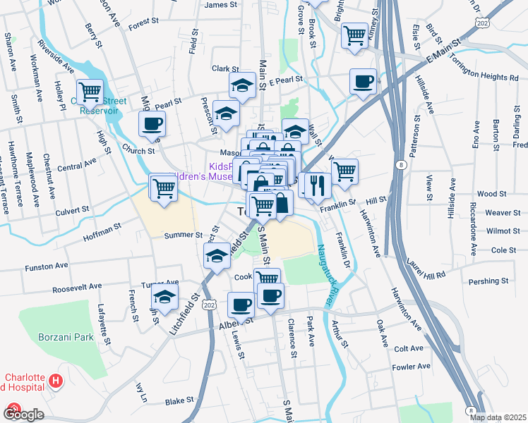 map of restaurants, bars, coffee shops, grocery stores, and more near in Torrington
