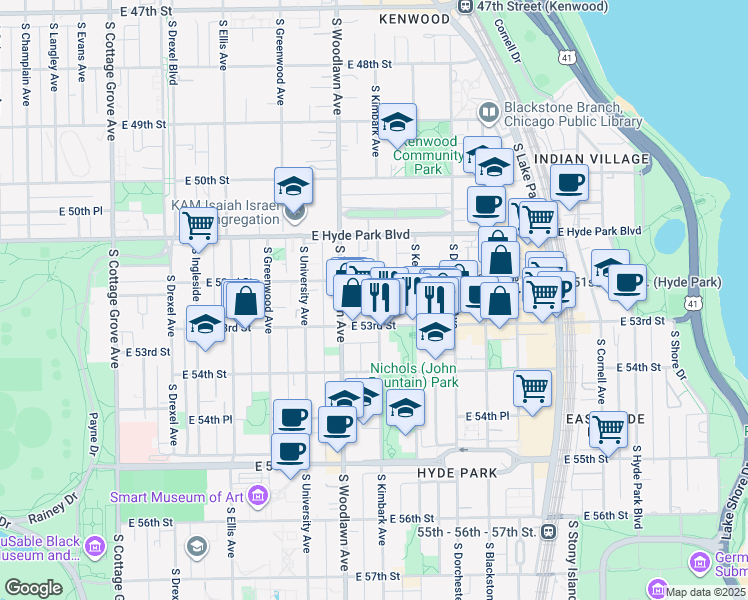 map of restaurants, bars, coffee shops, grocery stores, and more near 5220 South Kimbark Avenue in Chicago