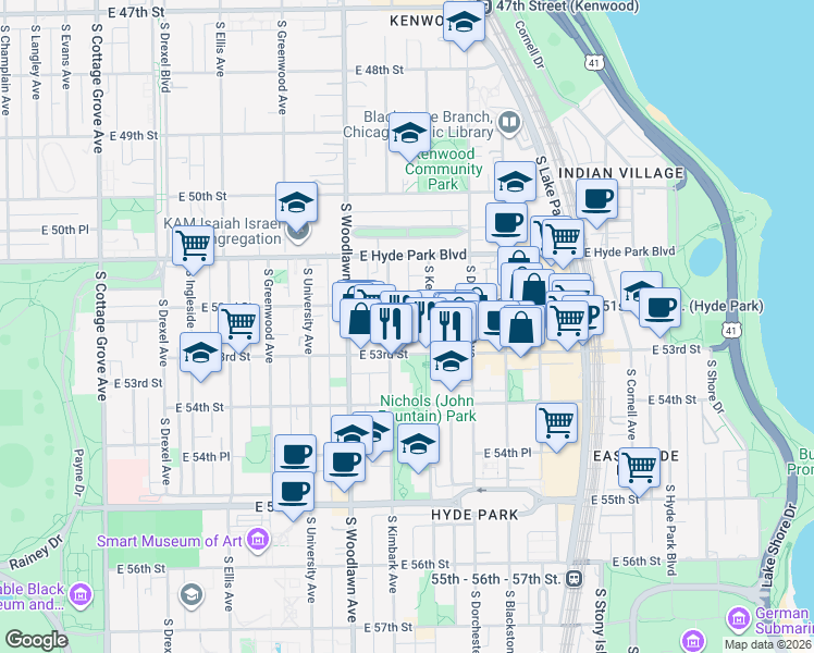 map of restaurants, bars, coffee shops, grocery stores, and more near 5210 South Kenwood Avenue in Chicago