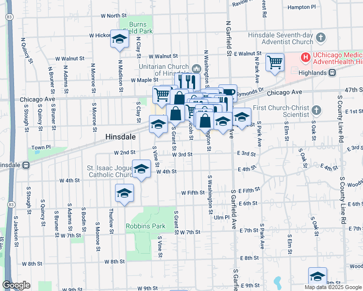 map of restaurants, bars, coffee shops, grocery stores, and more near 116 West 2nd Street in Hinsdale