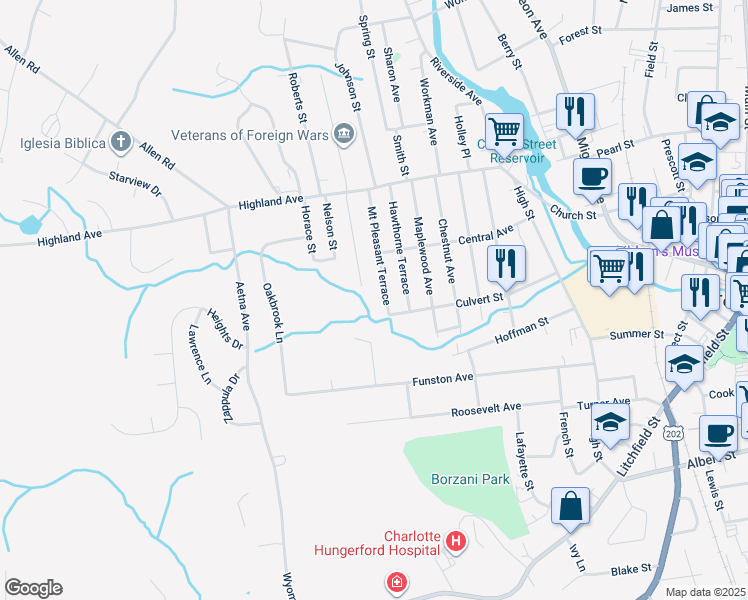 map of restaurants, bars, coffee shops, grocery stores, and more near 160 Mount Pleasant Terrace in Torrington
