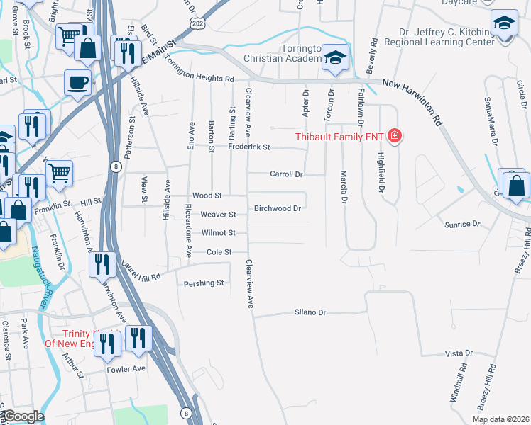 map of restaurants, bars, coffee shops, grocery stores, and more near 247 Birchwood Drive in Torrington