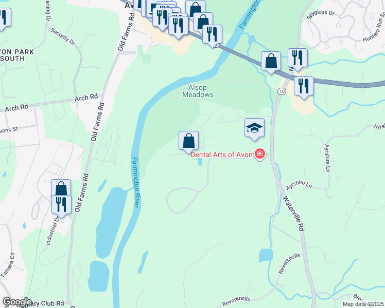 map of restaurants, bars, coffee shops, grocery stores, and more near 75 Avonwood Road in Avon