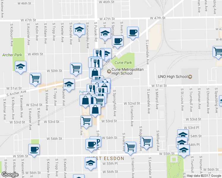 map of restaurants, bars, coffee shops, grocery stores, and more near 3911 West 51st Street in Chicago