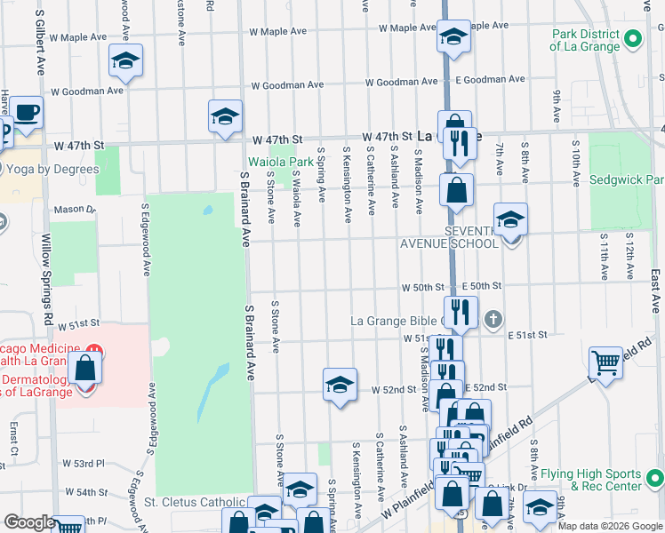 map of restaurants, bars, coffee shops, grocery stores, and more near 720 South Kensington Avenue in La Grange