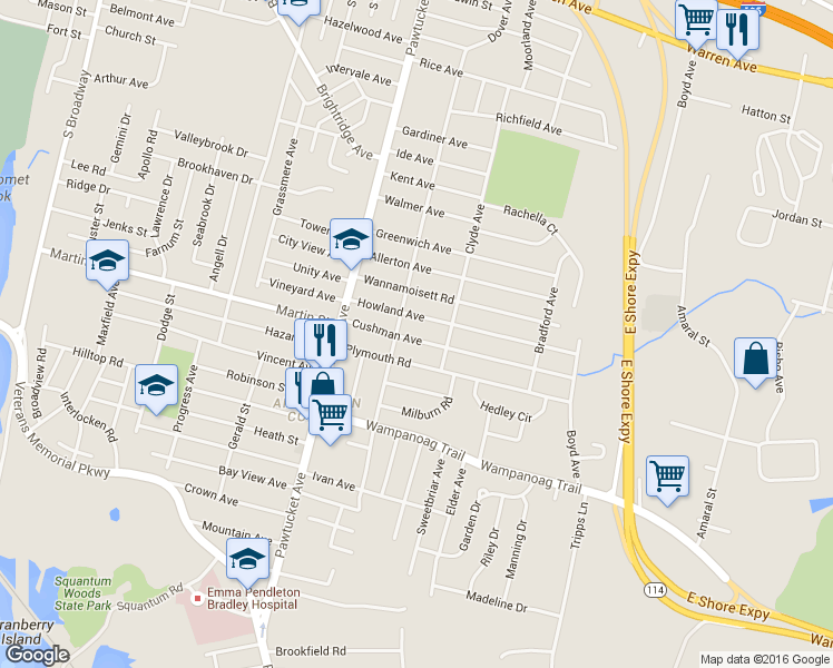 map of restaurants, bars, coffee shops, grocery stores, and more near 60 Cushman Ave in East Providence