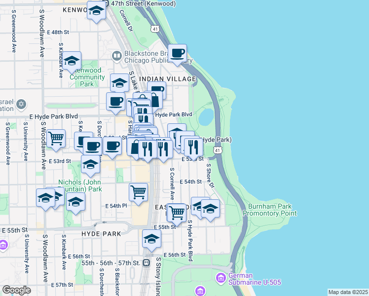 map of restaurants, bars, coffee shops, grocery stores, and more near 5242 South Hyde Park Boulevard in Chicago