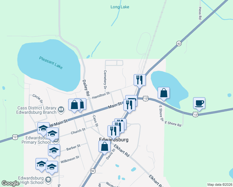 map of restaurants, bars, coffee shops, grocery stores, and more near 68738 East Street in Edwardsburg