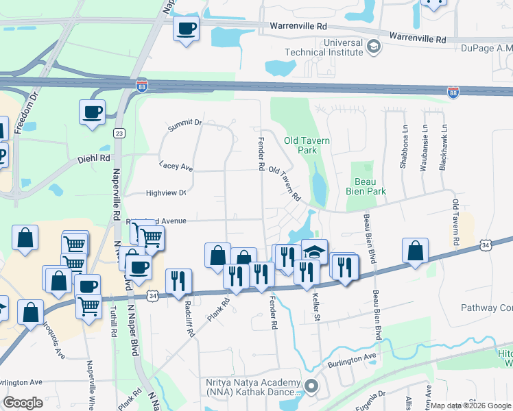 map of restaurants, bars, coffee shops, grocery stores, and more near 4550 Fender Road in Lisle