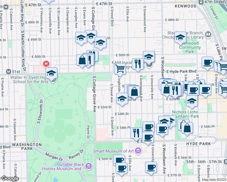 map of restaurants, bars, coffee shops, grocery stores, and more near 5215 South Drexel Avenue in Chicago