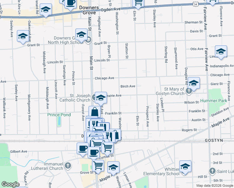 map of restaurants, bars, coffee shops, grocery stores, and more near 912 Prairie Avenue in Downers Grove