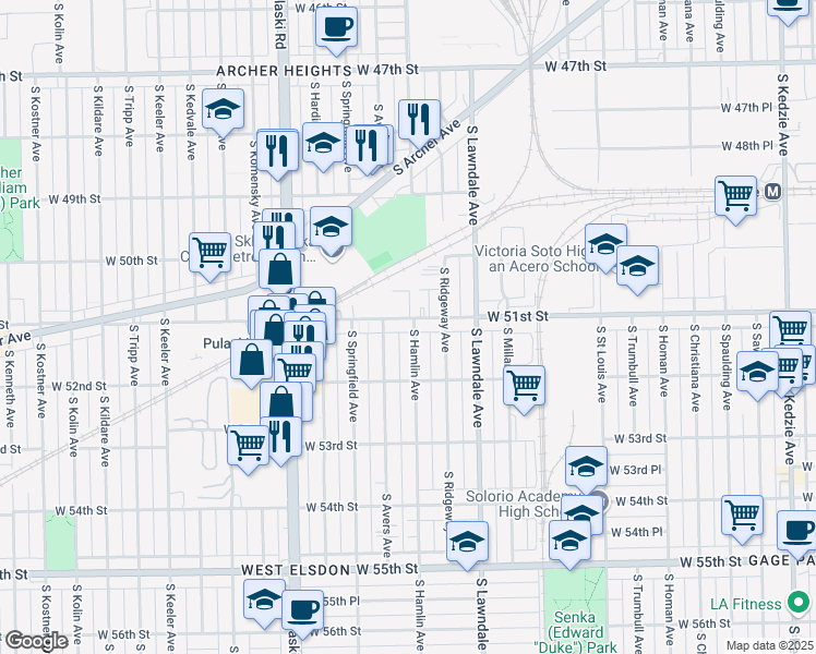 map of restaurants, bars, coffee shops, grocery stores, and more near 3801 West 51st Street in Chicago