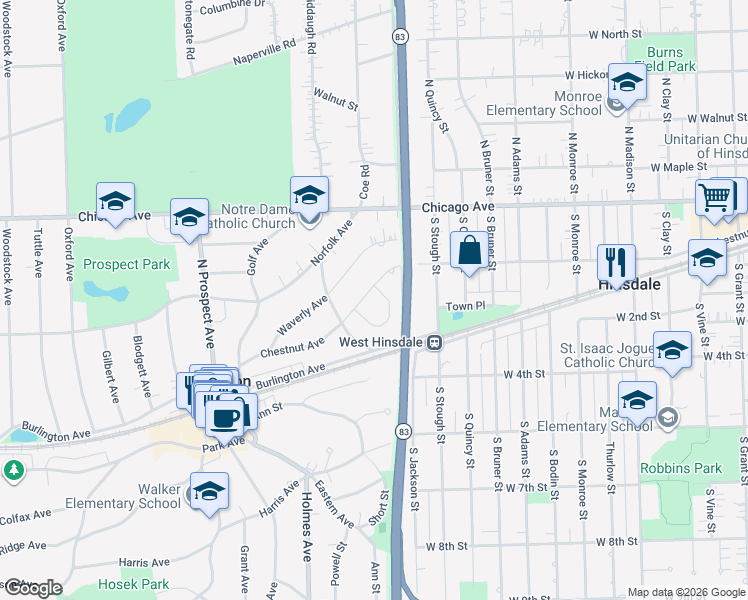 map of restaurants, bars, coffee shops, grocery stores, and more near 57 Chestnut Avenue in Clarendon Hills