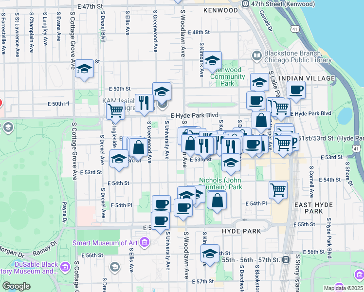 map of restaurants, bars, coffee shops, grocery stores, and more near 5214 South Woodlawn Avenue in Chicago