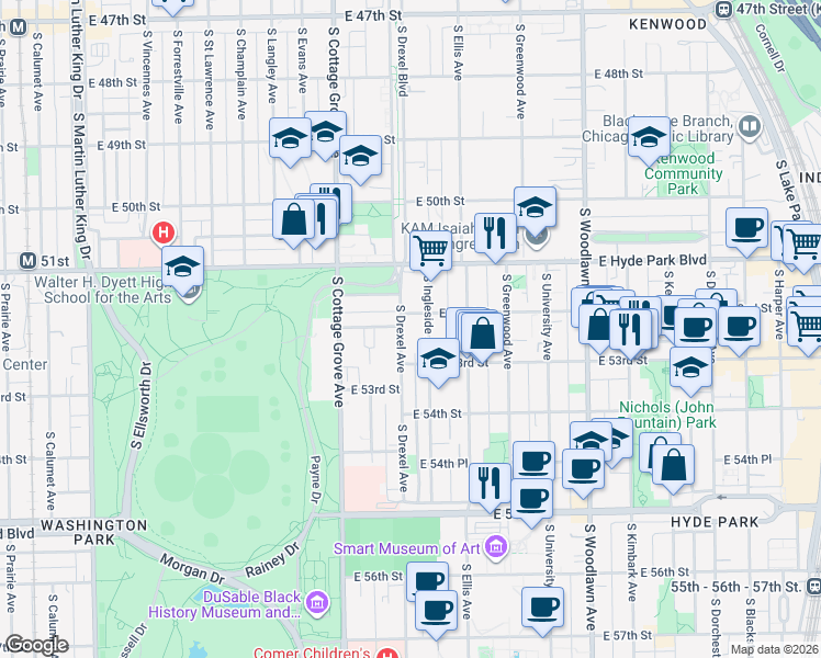map of restaurants, bars, coffee shops, grocery stores, and more near 5211 South Drexel Avenue in Chicago