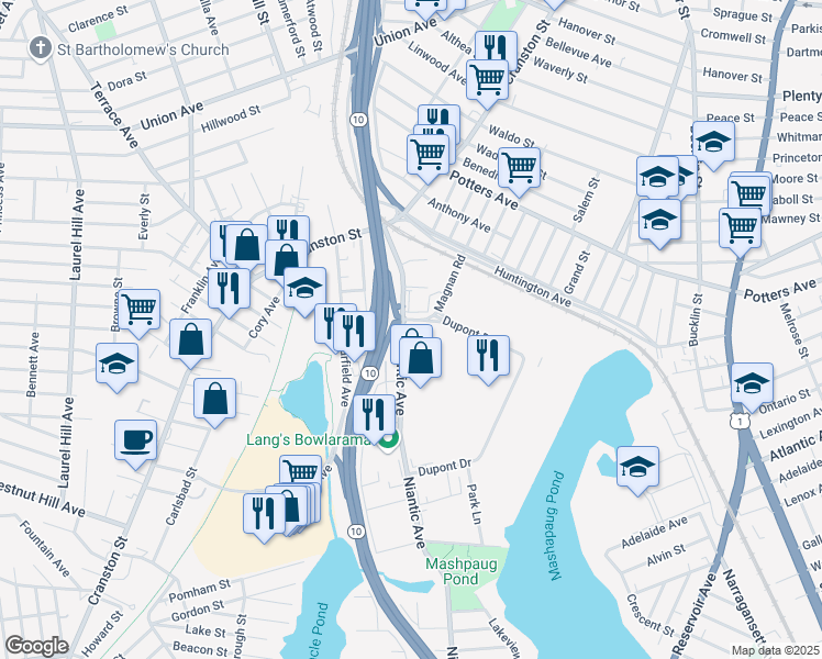 map of restaurants, bars, coffee shops, grocery stores, and more near 100 Niantic Avenue in Providence