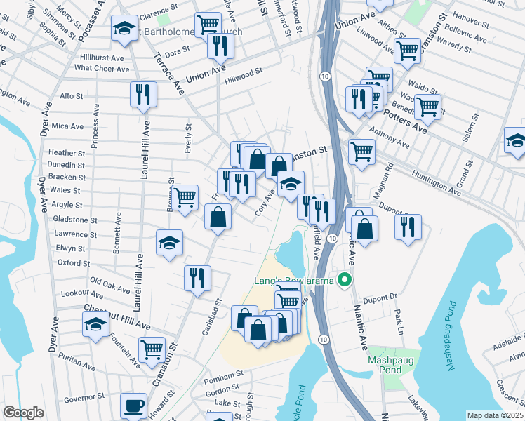 map of restaurants, bars, coffee shops, grocery stores, and more near 25 Bain Street in Cranston