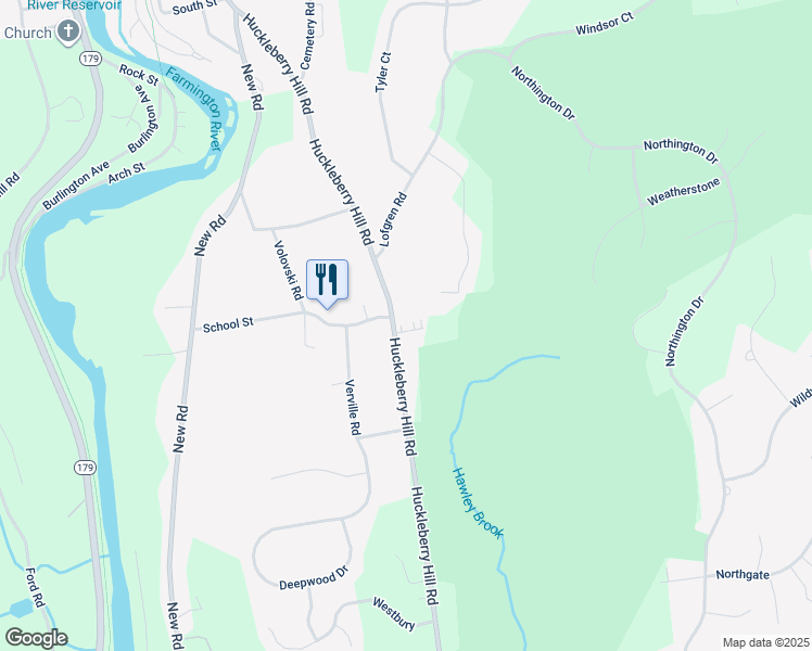 map of restaurants, bars, coffee shops, grocery stores, and more near 108 Huckleberry Hill Road in Avon