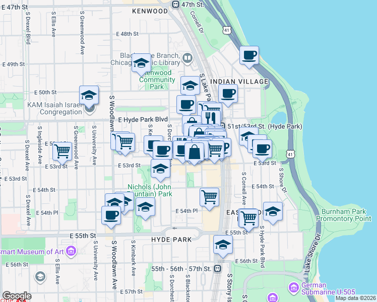 map of restaurants, bars, coffee shops, grocery stores, and more near 5228 South Blackstone Avenue in Chicago