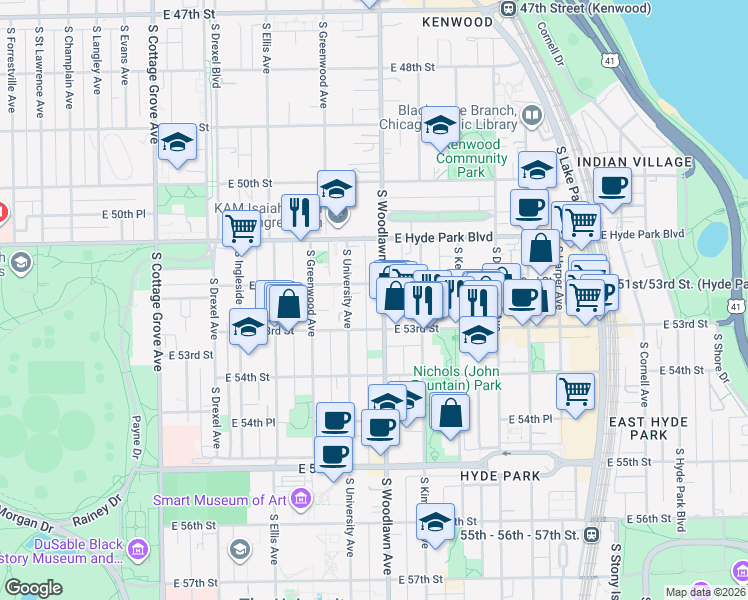 map of restaurants, bars, coffee shops, grocery stores, and more near 1204 East 53rd Street in Chicago