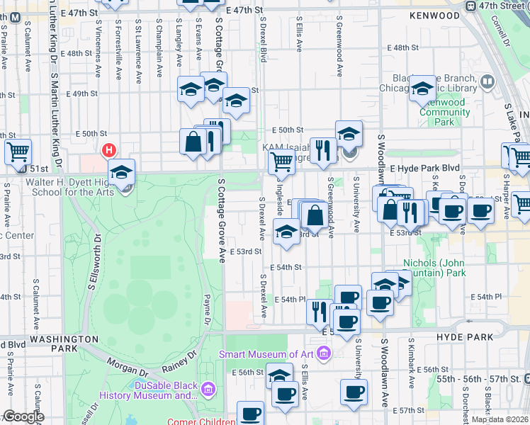 map of restaurants, bars, coffee shops, grocery stores, and more near 5000 South Cornell Avenue in Chicago